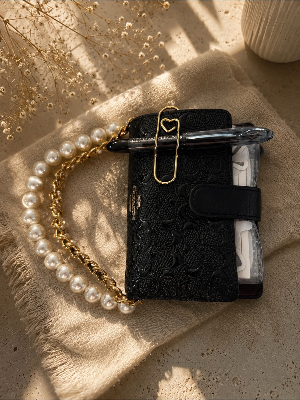 Coach Black Patent Leather Card Holder Wristlet with Pearl & Gold Chain
